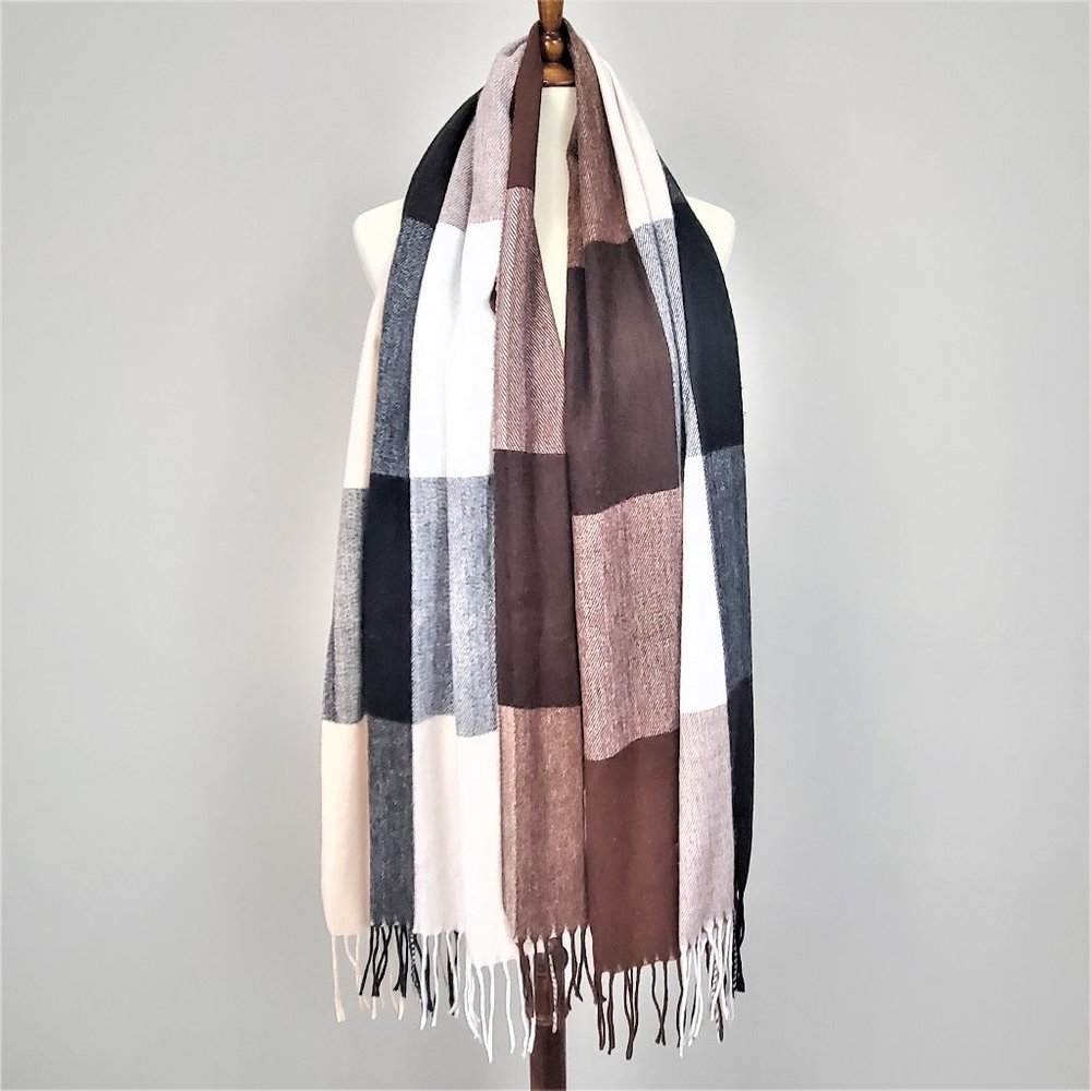 Black and Brown Plaid Tasseled Fringe Fleece Scarf
